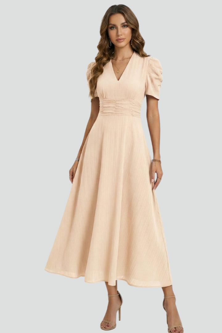 Women's V-Neck Midi Dress with Short Sleeves – Elegant Day & Occasion Dress 6