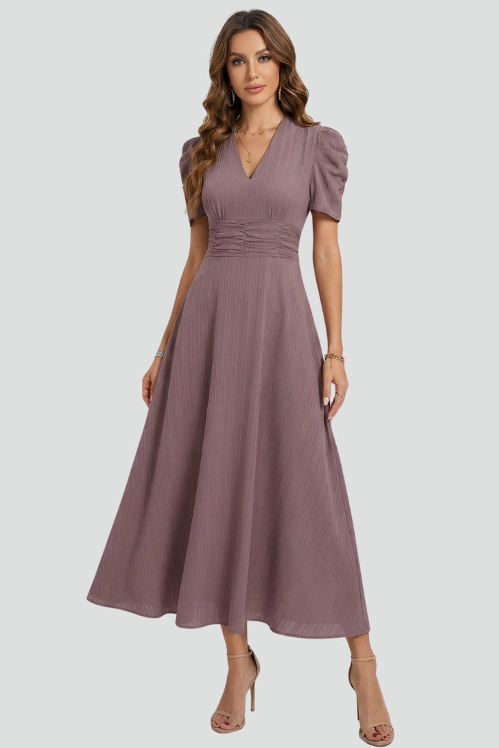 Women's V-Neck Midi Dress with Short Sleeves – Elegant Day & Occasion Dress 2