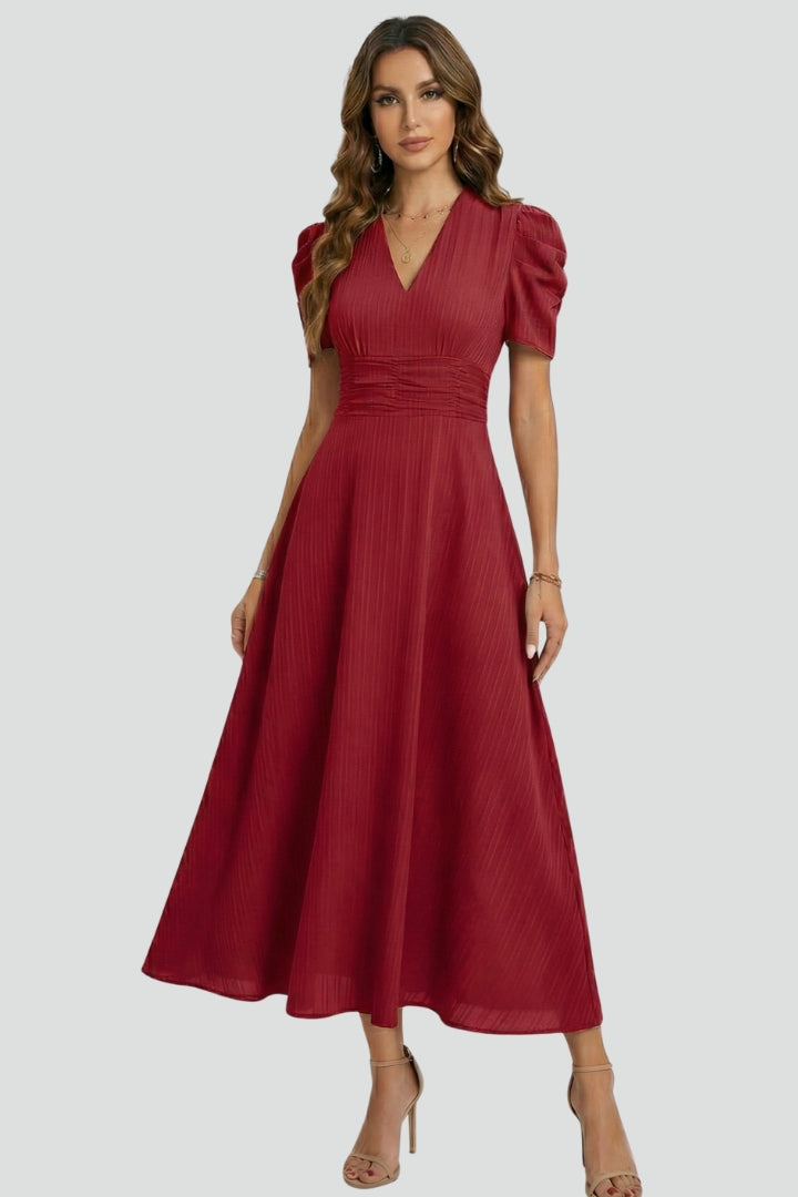 Women's V-Neck Midi Dress with Short Sleeves – Elegant Day & Occasion Dress 5