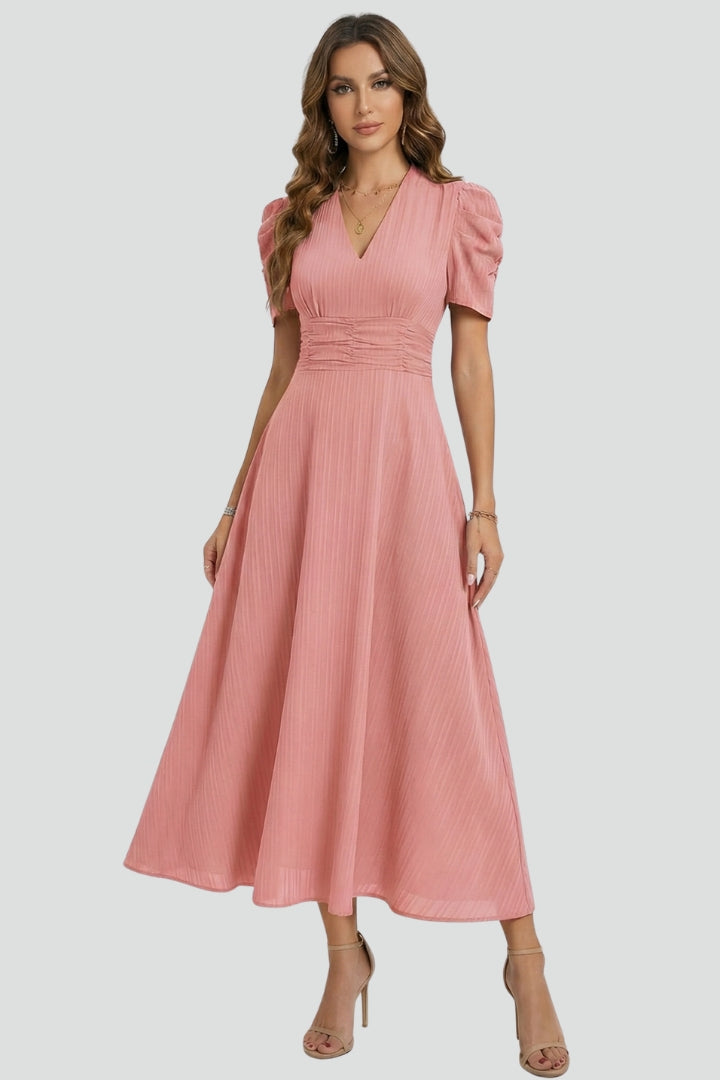 Women's V-Neck Midi Dress with Short Sleeves – Elegant Day & Occasion Dress 7