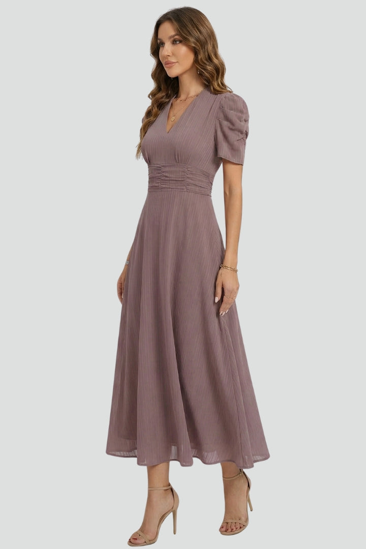 Women's V-Neck Midi Dress with Short Sleeves – Elegant Day & Occasion Dress 3