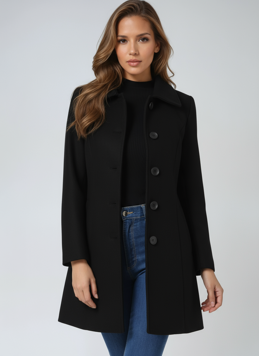 Women's double-breasted coat with classic collar and long sleeves