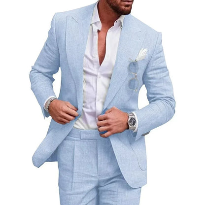 Men's two-piece suit with notch-lapel blazer and matching pleated trousers