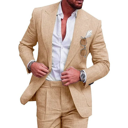 Men's two-piece suit with notch-lapel blazer and matching pleated trousers