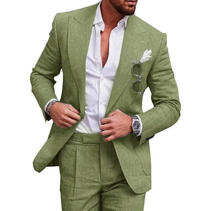 Men's two-piece suit with notch-lapel blazer and matching pleated trousers