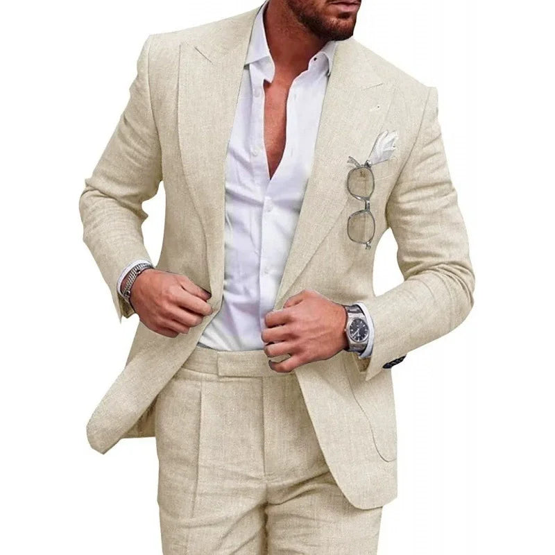 Men's two-piece suit with notch-lapel blazer and matching pleated trousers