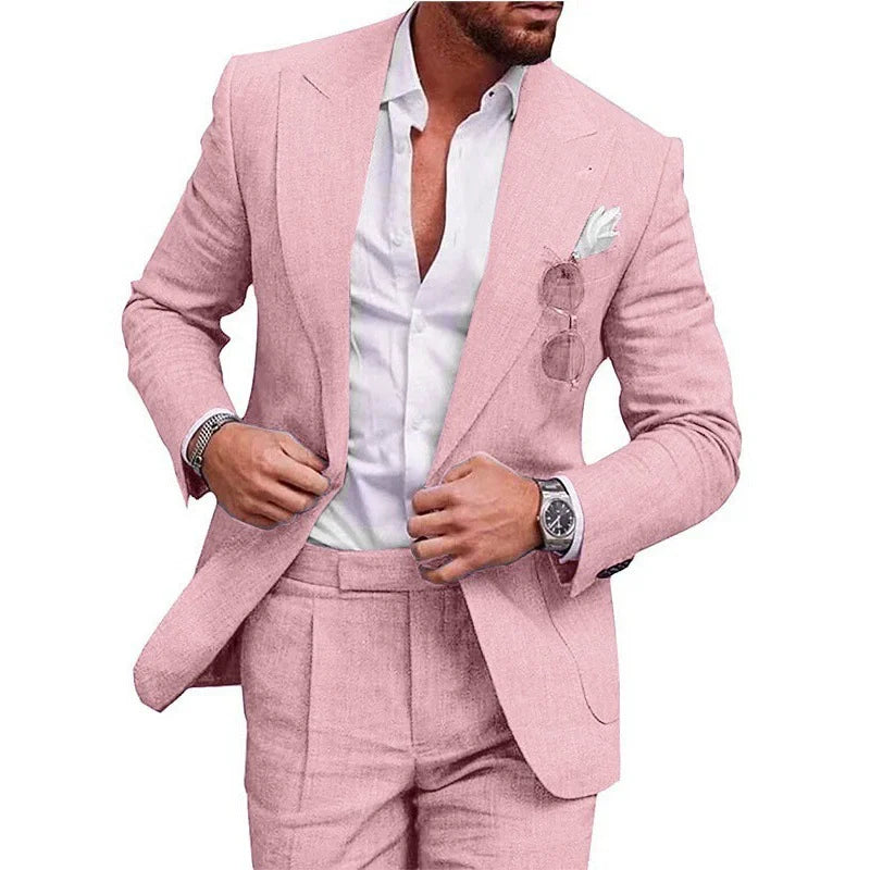 Men's two-piece suit with notch-lapel blazer and matching pleated trousers