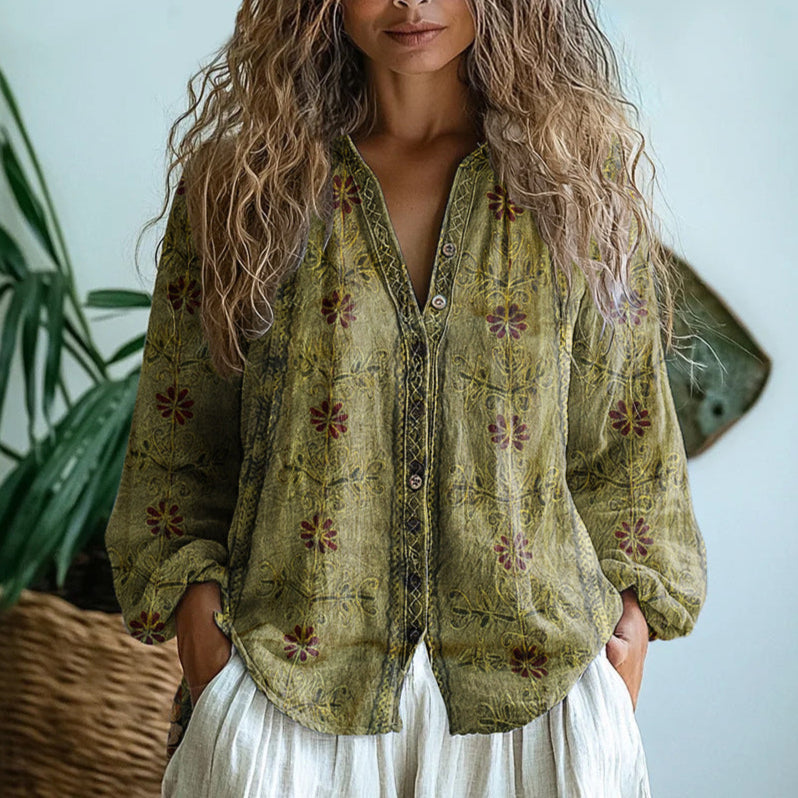 Adeline - Vintage Leaf Print Shirt