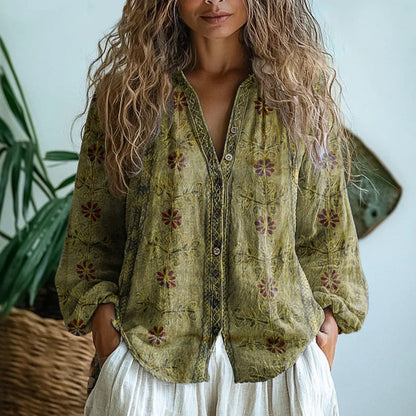 Adeline - Vintage Leaf Print Shirt