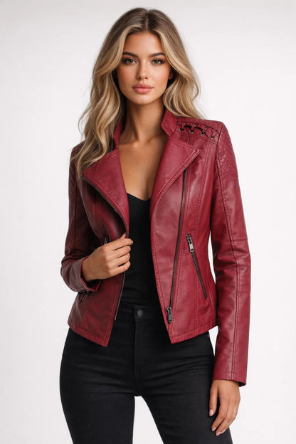 Women's fitted biker jacket with asymmetric collar, long sleeves, zippers and shoulder lacing