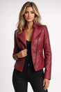 Women's fitted biker jacket with asymmetric collar, long sleeves, zippers and shoulder lacing