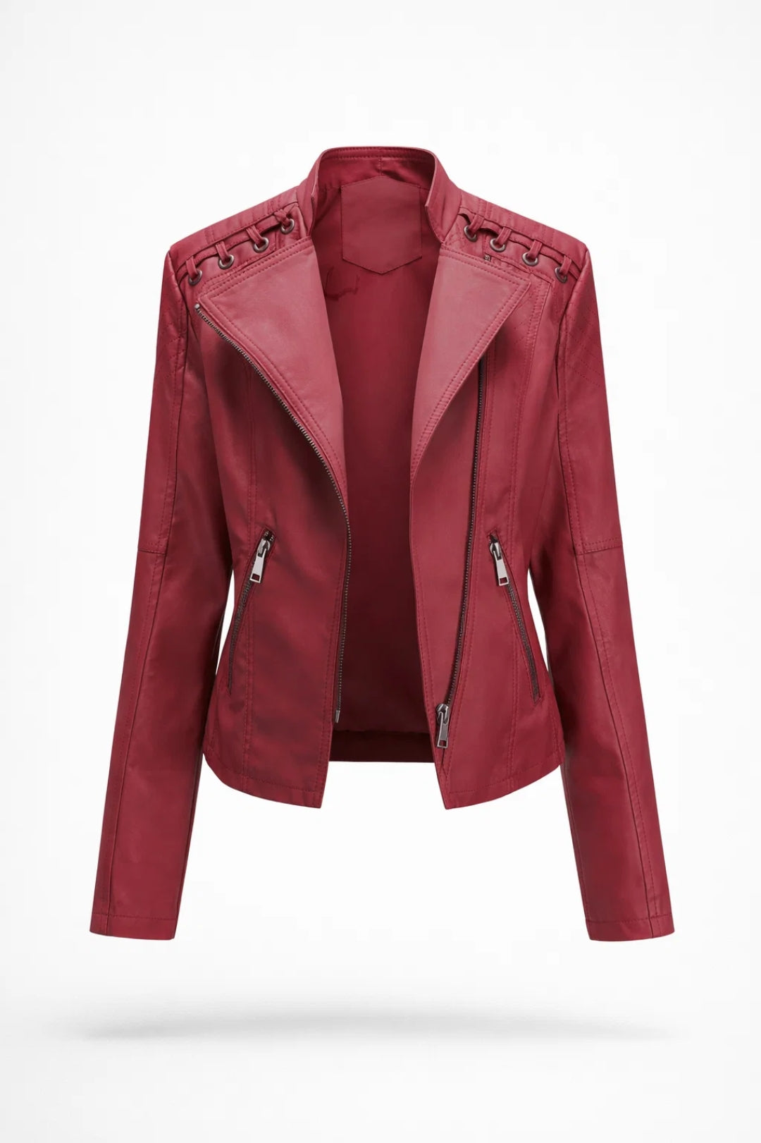 Women's fitted biker jacket with asymmetric collar, long sleeves, zippers and shoulder lacing