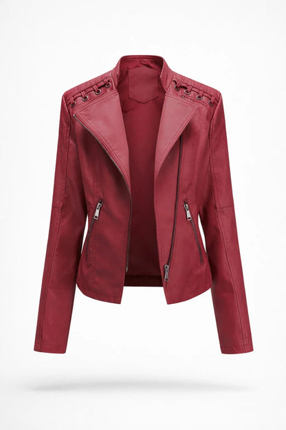 Women's fitted biker jacket with asymmetric collar, long sleeves, zippers and shoulder lacing