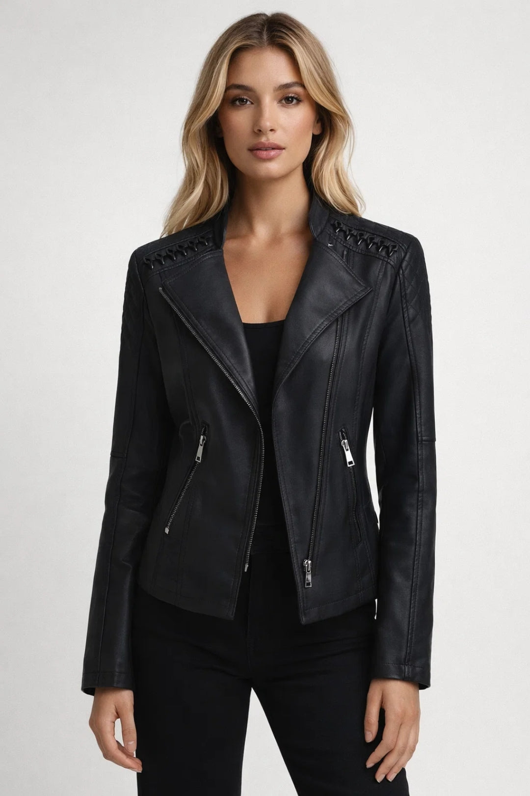 Women's fitted biker jacket with asymmetric collar, long sleeves, zippers and shoulder lacing