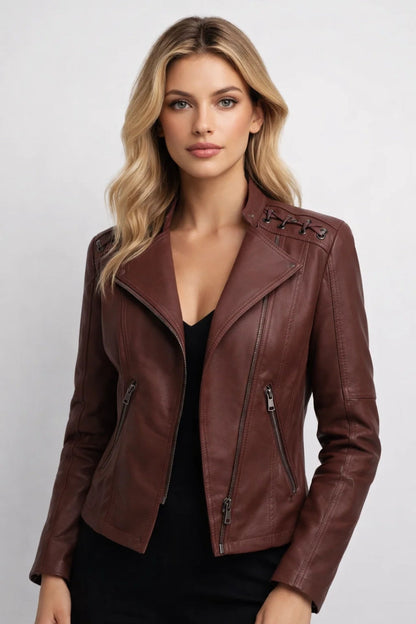 Women's fitted biker jacket with asymmetric collar, long sleeves, zippers and shoulder lacing
