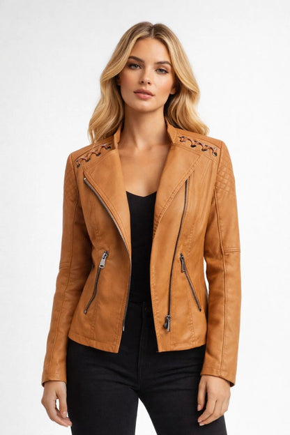 Women's fitted biker jacket with asymmetric collar, long sleeves, zippers and shoulder lacing