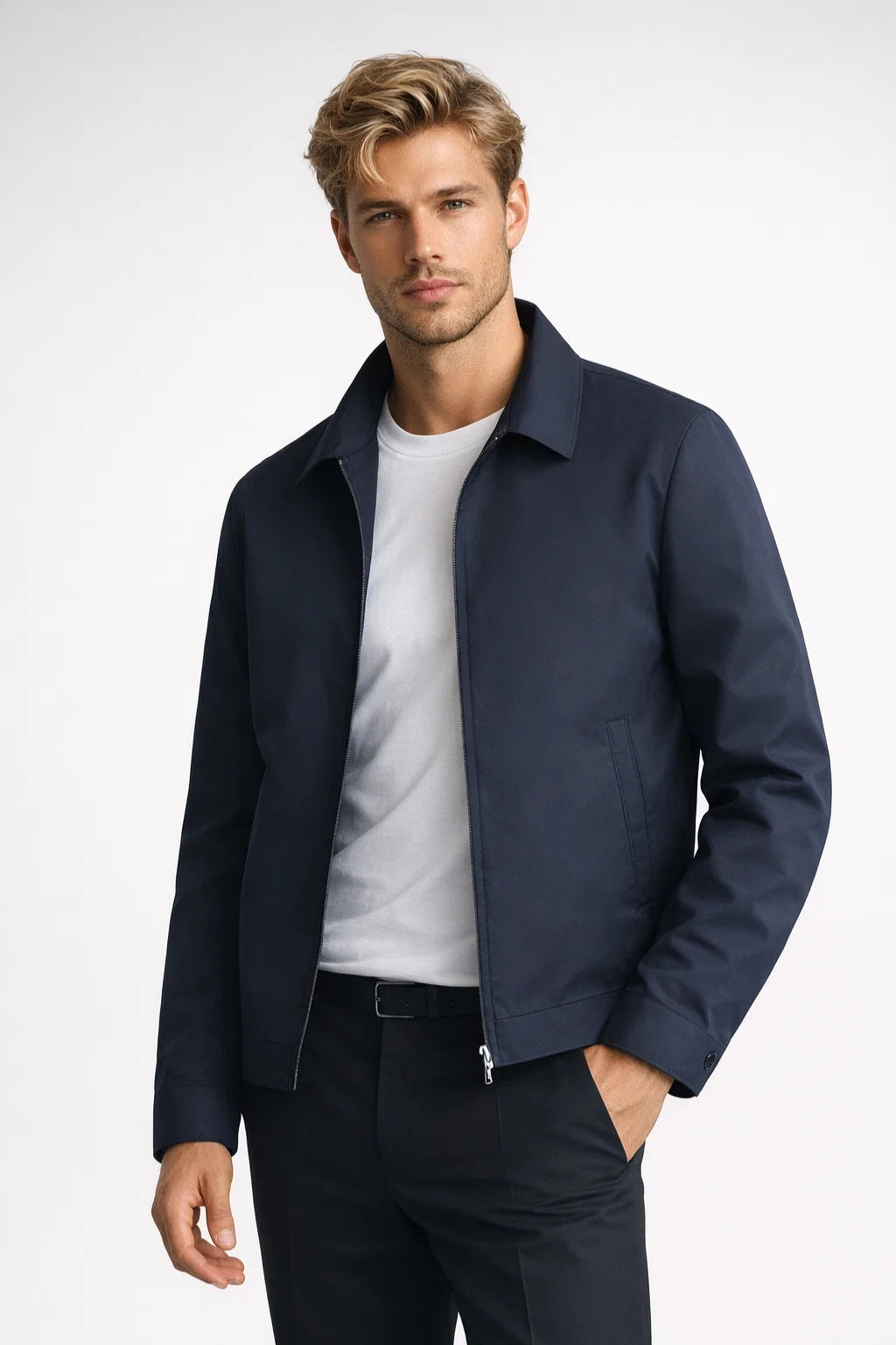Men's collared zip jacket with checked lining and front pockets