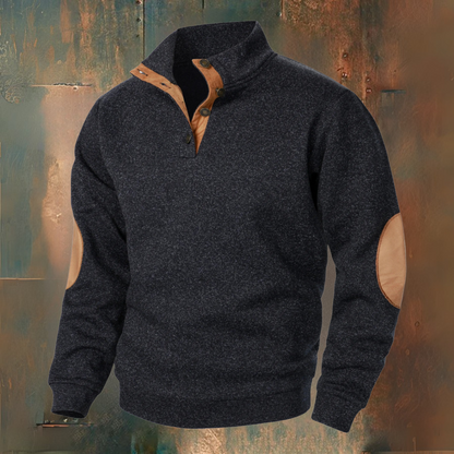 Men's textured mock neck sweater with button placket and contrast elbow patches