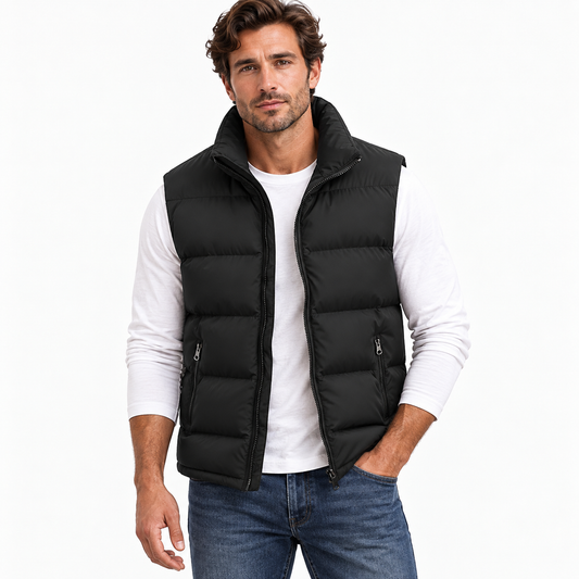 Men's quilted sleeveless puffer vest with high collar and zipped pockets