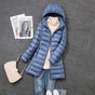 Women's hooded longline puffer coat with quilted panels and zip front