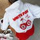 Women's white oversized hoodie with red lettering and cherry graphic