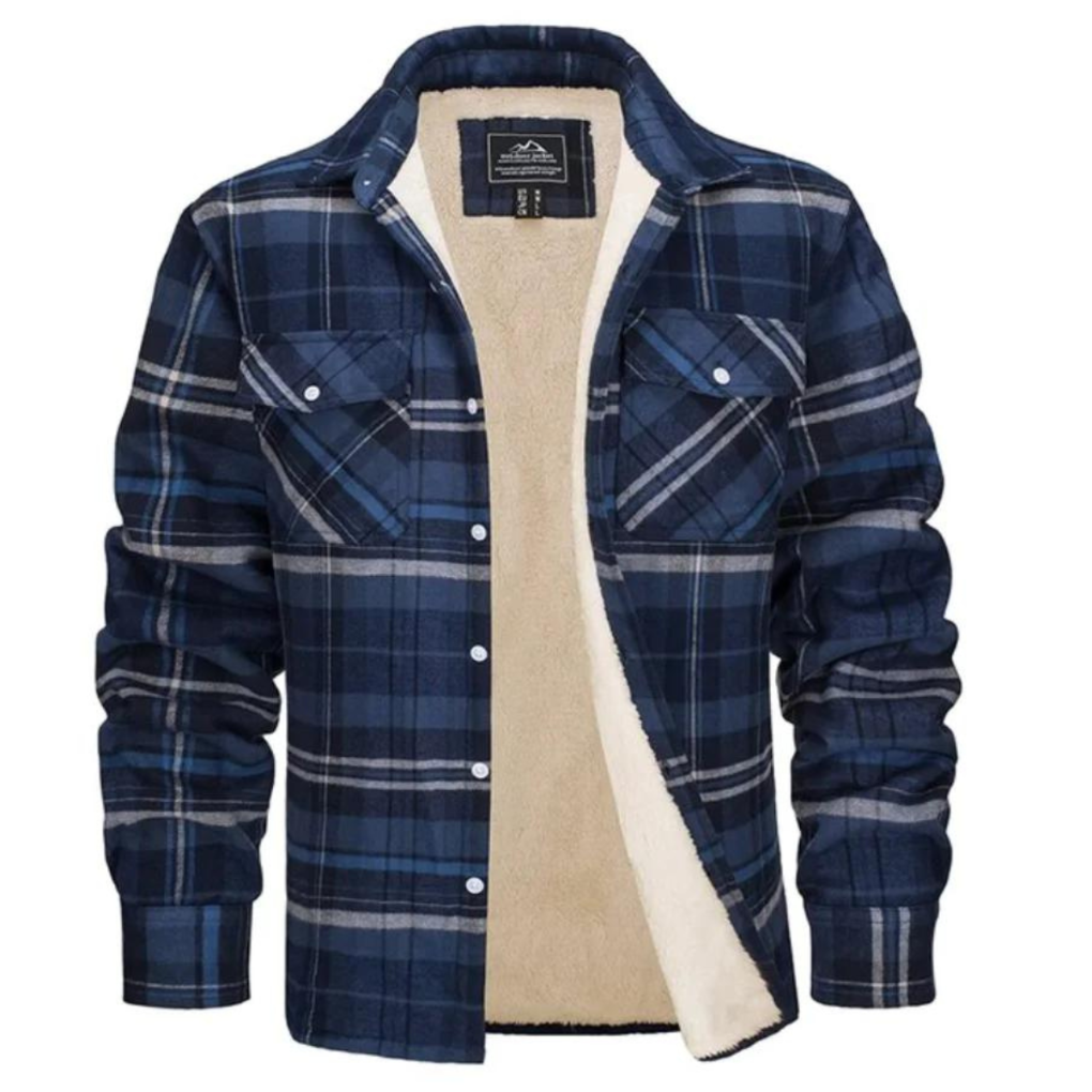 Men's checked shirt jacket with long sleeves, chest pockets and visible fleece lining