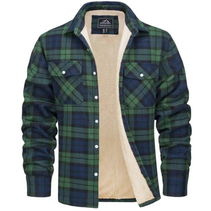 Men's checked shirt jacket with long sleeves, chest pockets and visible fleece lining