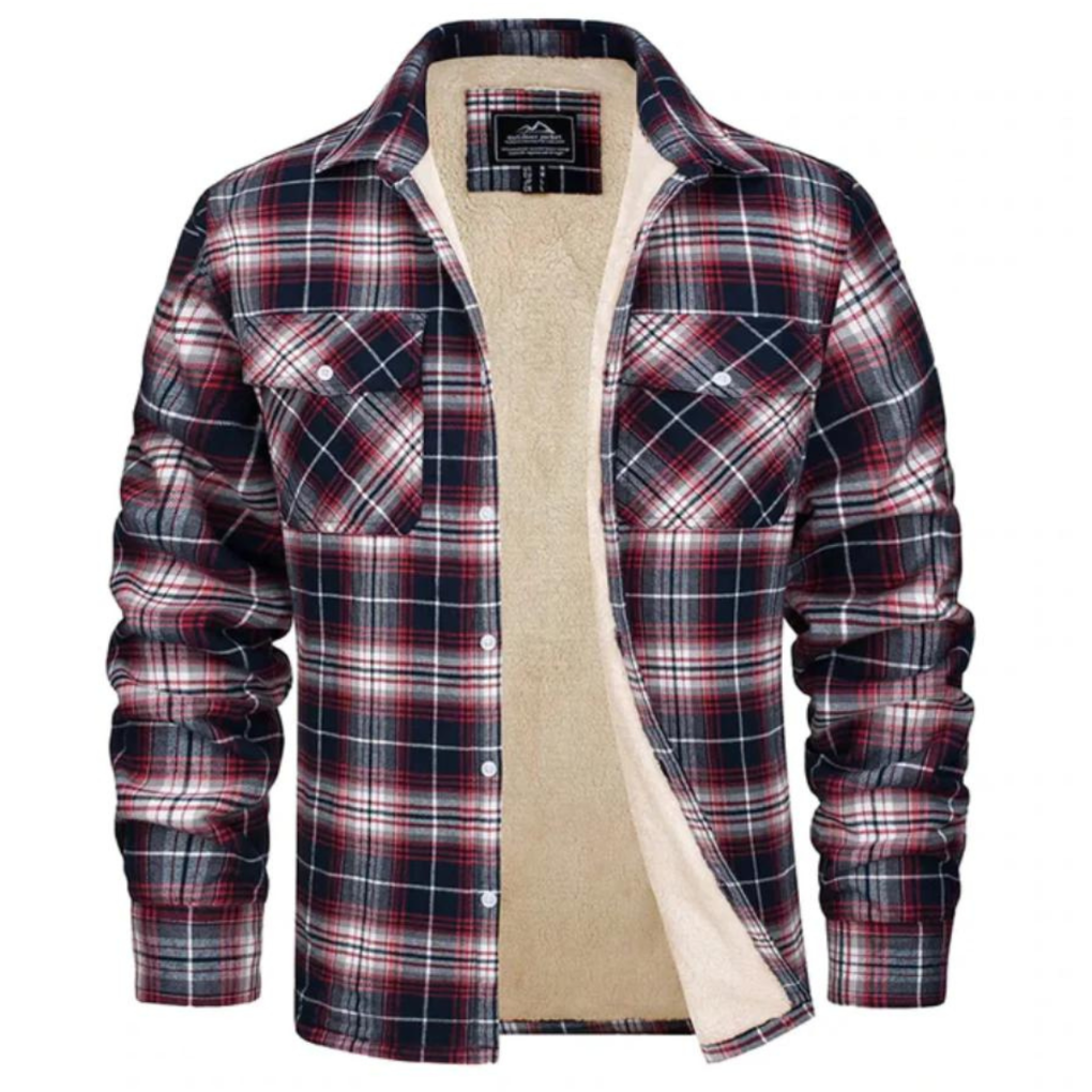 Men's checked shirt jacket with long sleeves, chest pockets and visible fleece lining