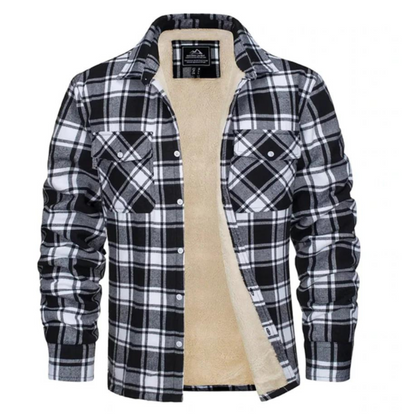 Men's checked shirt jacket with long sleeves, chest pockets and visible fleece lining