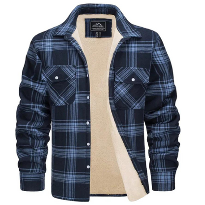 Men's checked shirt jacket with long sleeves, chest pockets and visible fleece lining