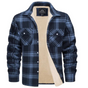 Men's checked shirt jacket with long sleeves, chest pockets and visible fleece lining