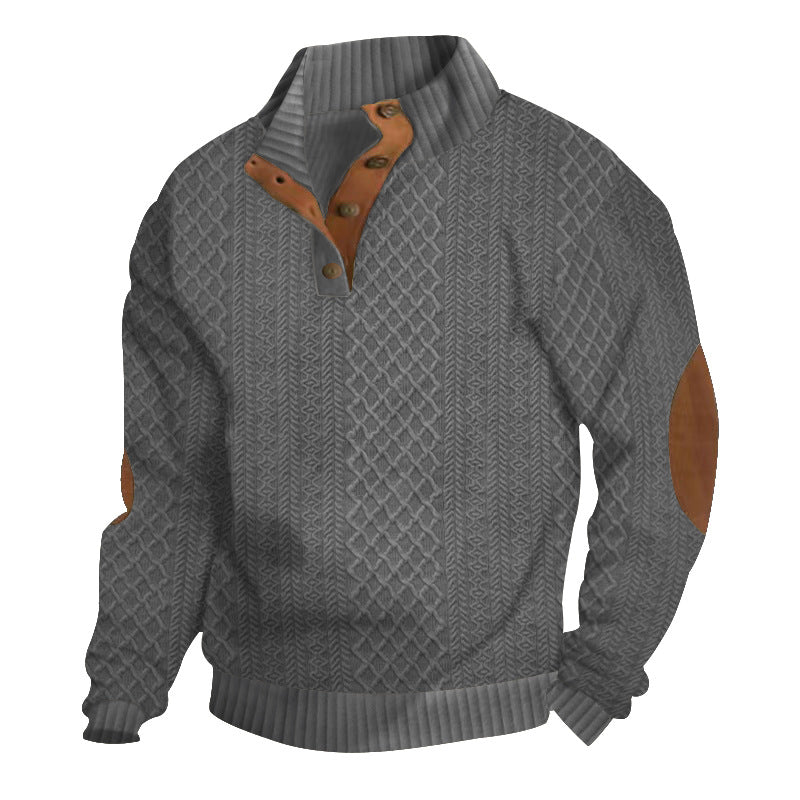 Men's textured knit pullover with mock neck, button placket and elbow patches