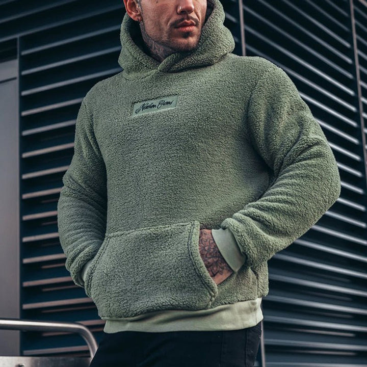 Men's sherpa pullover hoodie with hood and kangaroo pocket