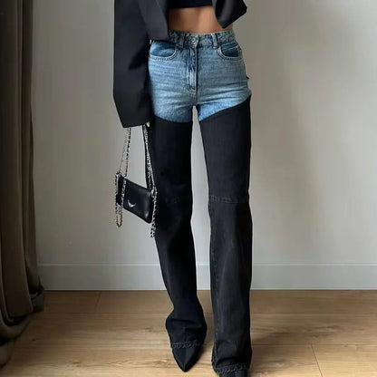 Women's two-tone blue and black high-rise straight-leg jeans