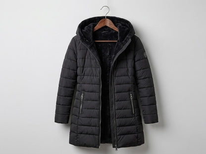 Quilted hooded women's winter coat with long sleeves and zip pockets