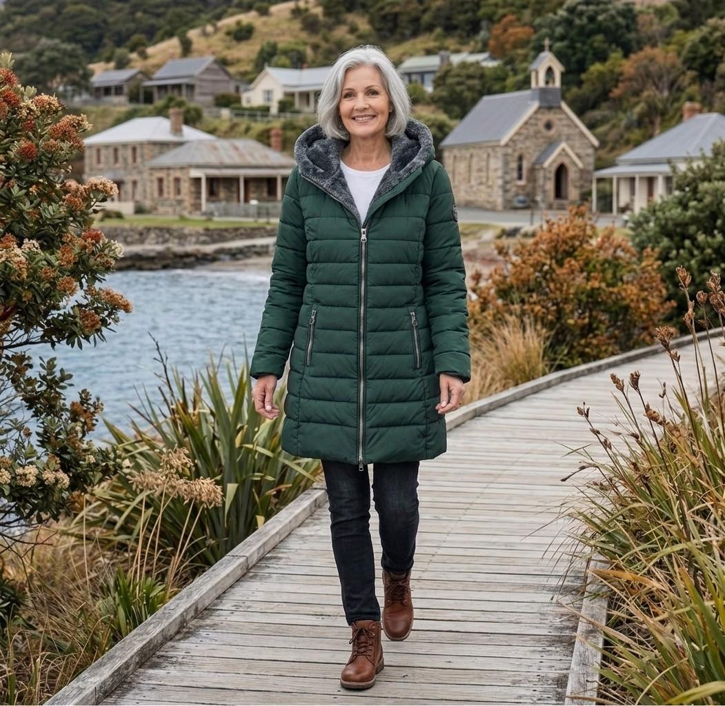 Quilted hooded women's winter coat with long sleeves and zip pockets