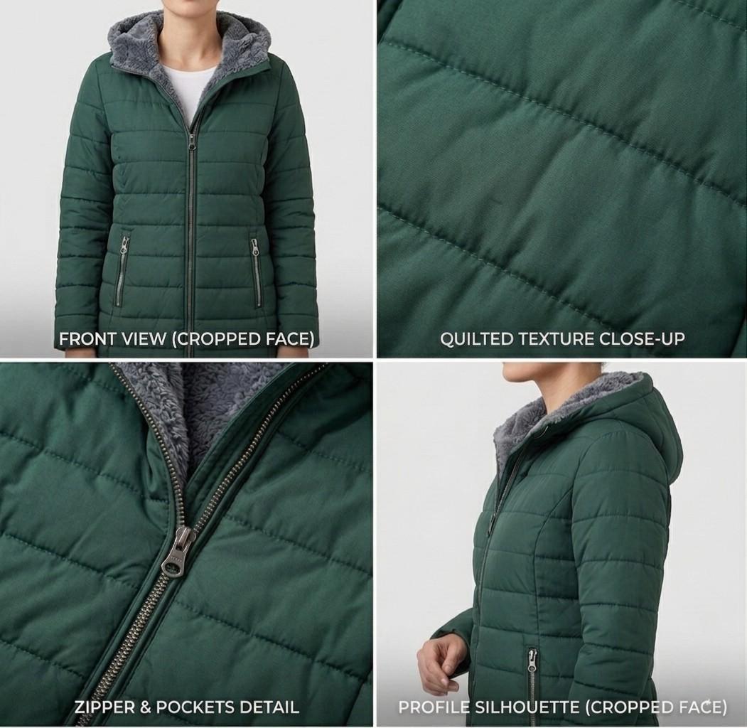 Quilted hooded women's winter coat with long sleeves and zip pockets