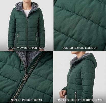 Quilted hooded women's winter coat with long sleeves and zip pockets