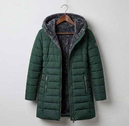 Quilted hooded women's winter coat with long sleeves and zip pockets