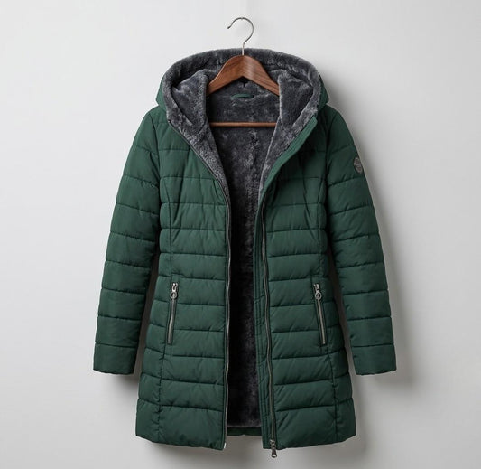 Quilted hooded women's winter coat with long sleeves and zip pockets