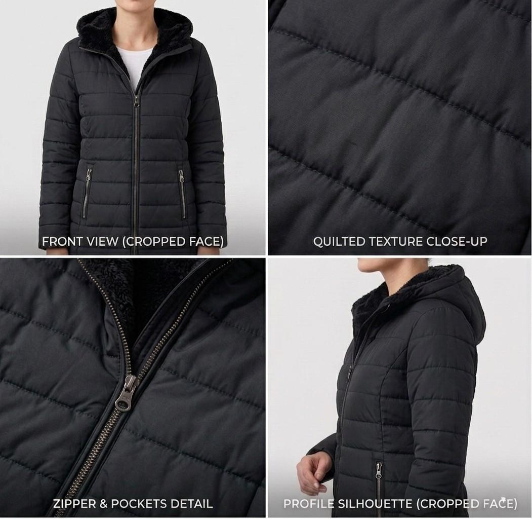 Quilted hooded women's winter coat with long sleeves and zip pockets