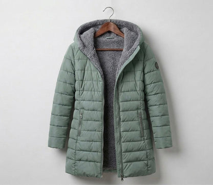 Quilted hooded women's winter coat with long sleeves and zip pockets