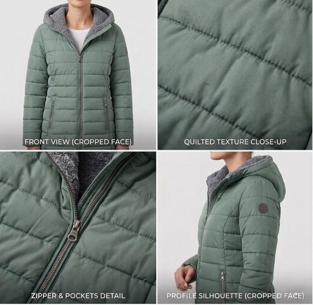 Quilted hooded women's winter coat with long sleeves and zip pockets