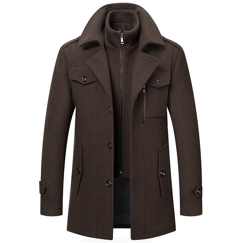 Men's two-piece mid-length coat with stand collar, zipper and button front