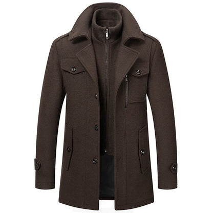 Men's two-piece mid-length coat with stand collar, zipper and button front