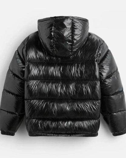 Men's hooded quilted puffer jacket with zip front and angled pockets