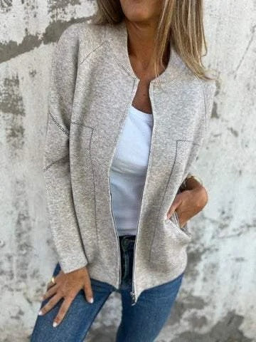 Women's knit bomber cardigan with zip front, long sleeves and patch pockets