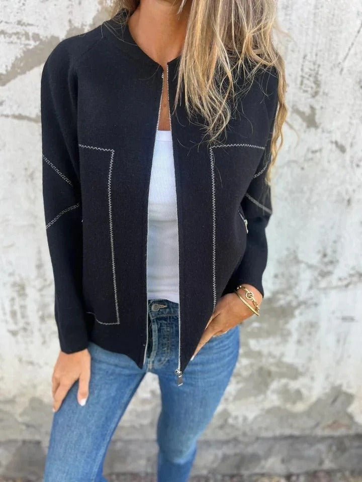 Women's knit bomber cardigan with zip front, long sleeves and patch pockets