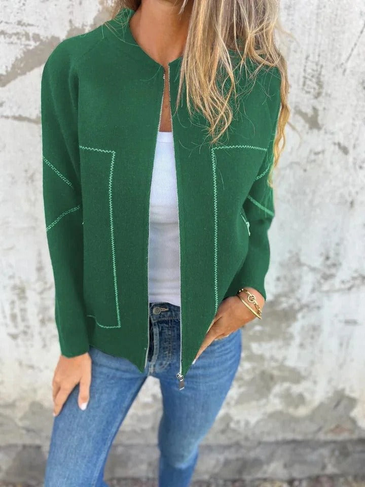 Women's knit bomber cardigan with zip front, long sleeves and patch pockets