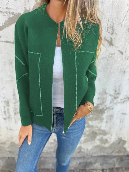 Women's knit bomber cardigan with zip front, long sleeves and patch pockets